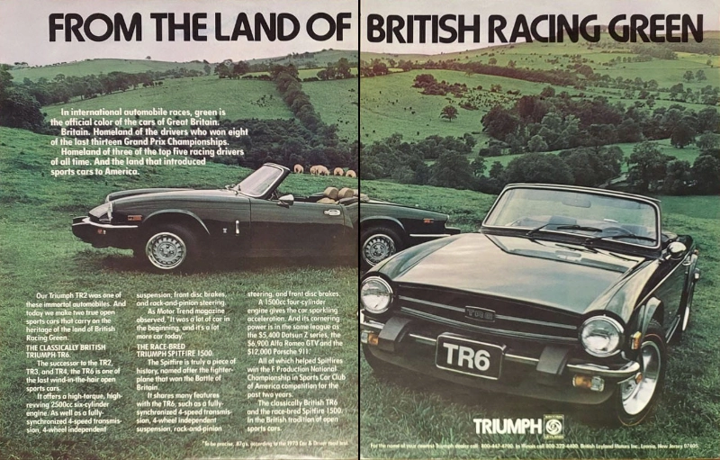 Triumph vintage auto ad; From the land of British Racing Green